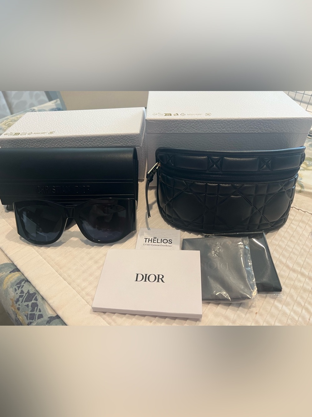 NWT Dior Black Quilted Leather Belt Bag and smaller case with Blue Sunglasses